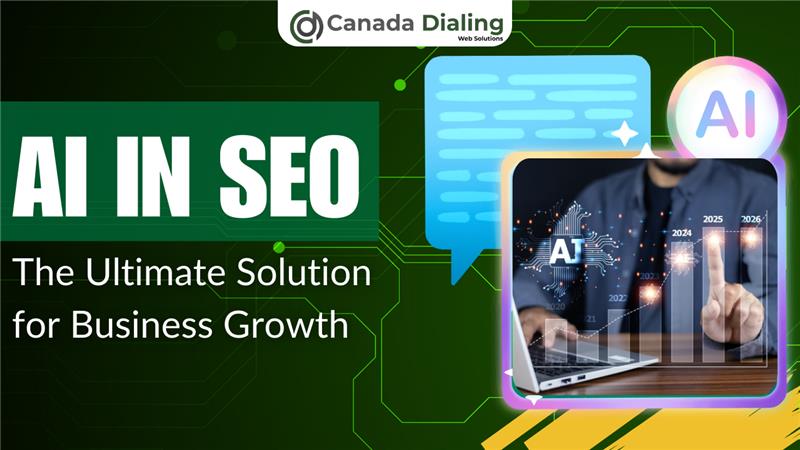 The Ultimate Solution for Business Growth' with a person interacting with a laptop and a rising bar graph indicating growth from 2024 to 2026, alongside an AI icon and chat bubble, symbolizing the integration of AI in SEO for business success