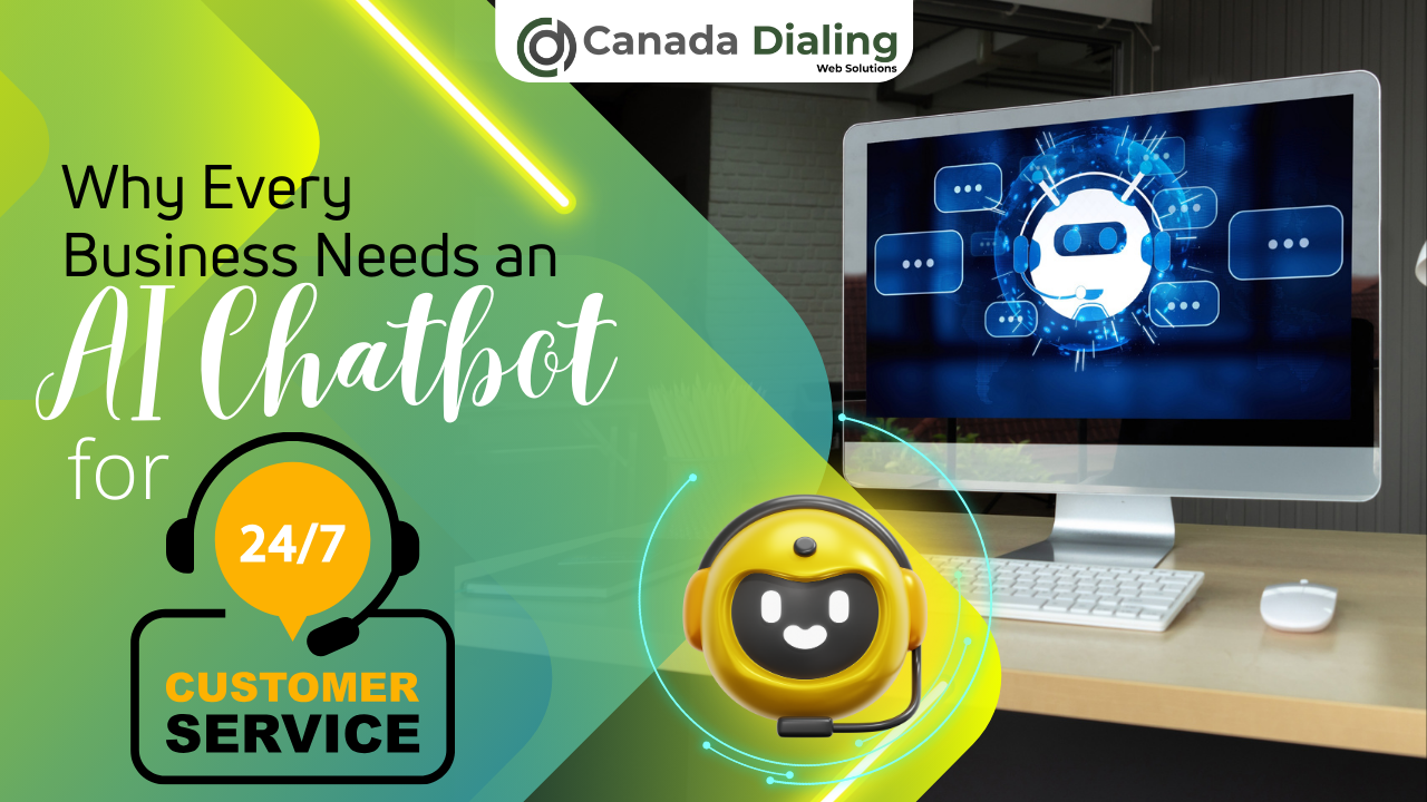 Advertisement for Canada Dialing showcasing a computer monitor displaying an AI chatbot interface, alongside a cheerful yellow robot icon with headphones
